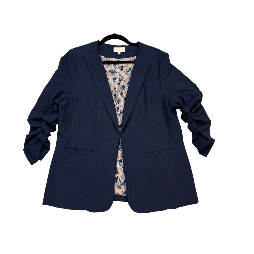 Skies Are Blue Blazer Womens 1X Navy Blue Excellent Ruched 3/4 Sleeve Floral